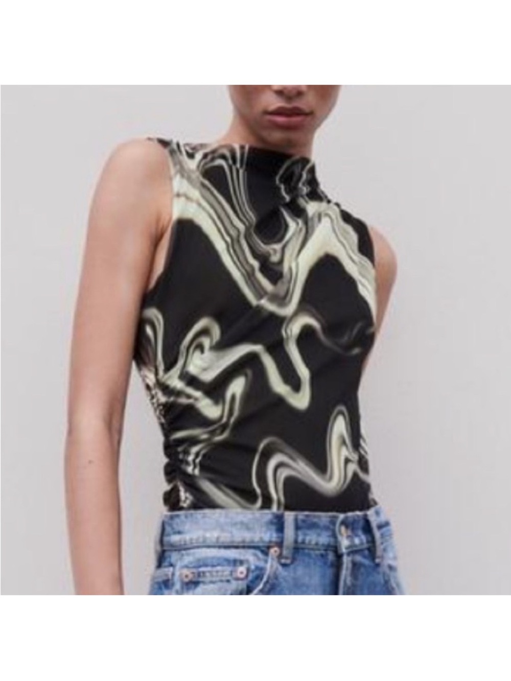 Zara Black, White & Cream Marble-Print Mesh Bodysuit